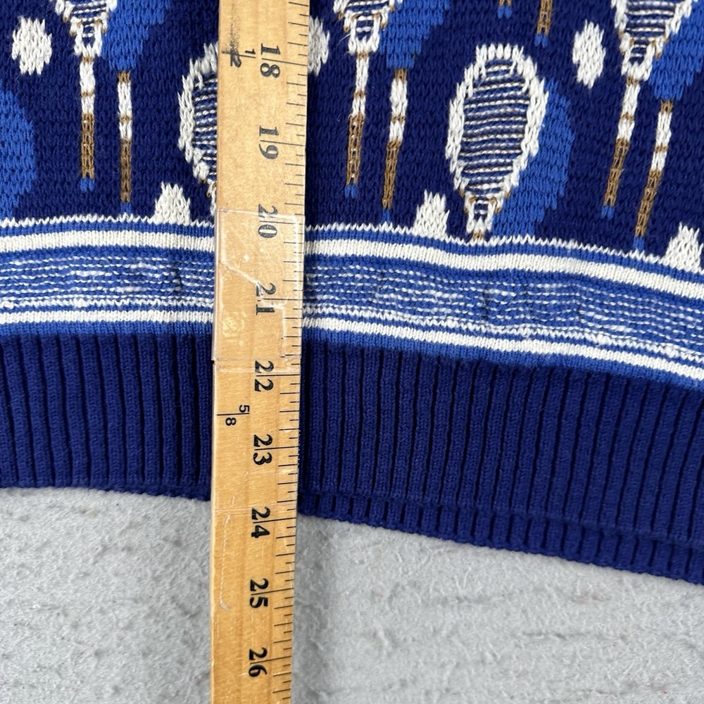 Vintage Tennis Sweater Men's Medium Blue AOP Racket V Neck Knit Pullover - Picture 14 of 16